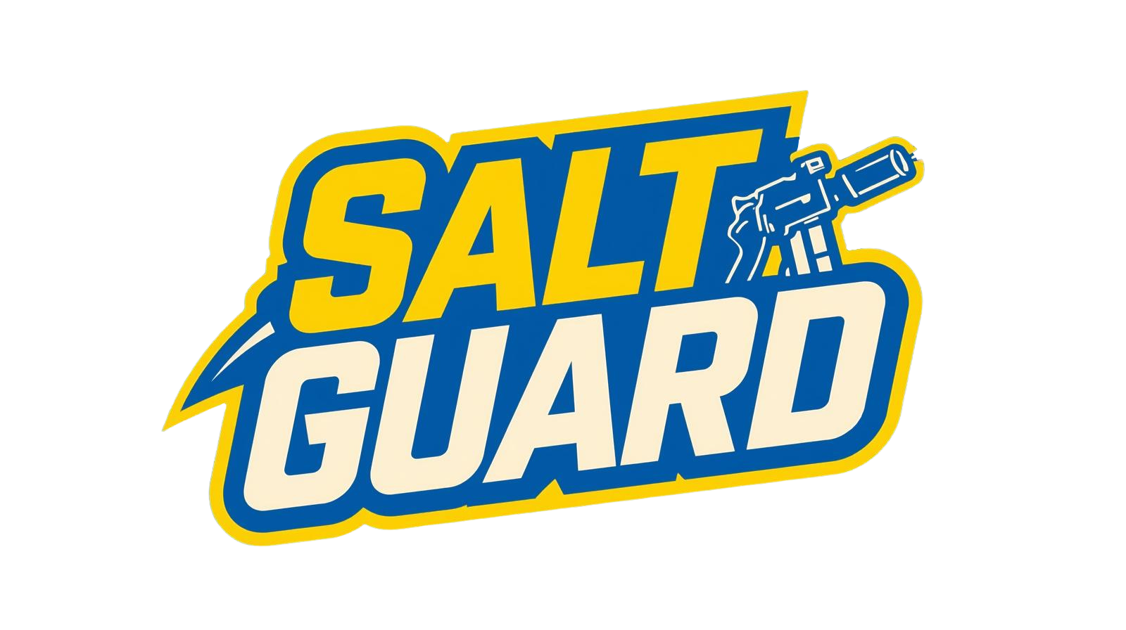 SALT GUARD logo with a yellow and blue color scheme, featuring a hand holding a tool or device.