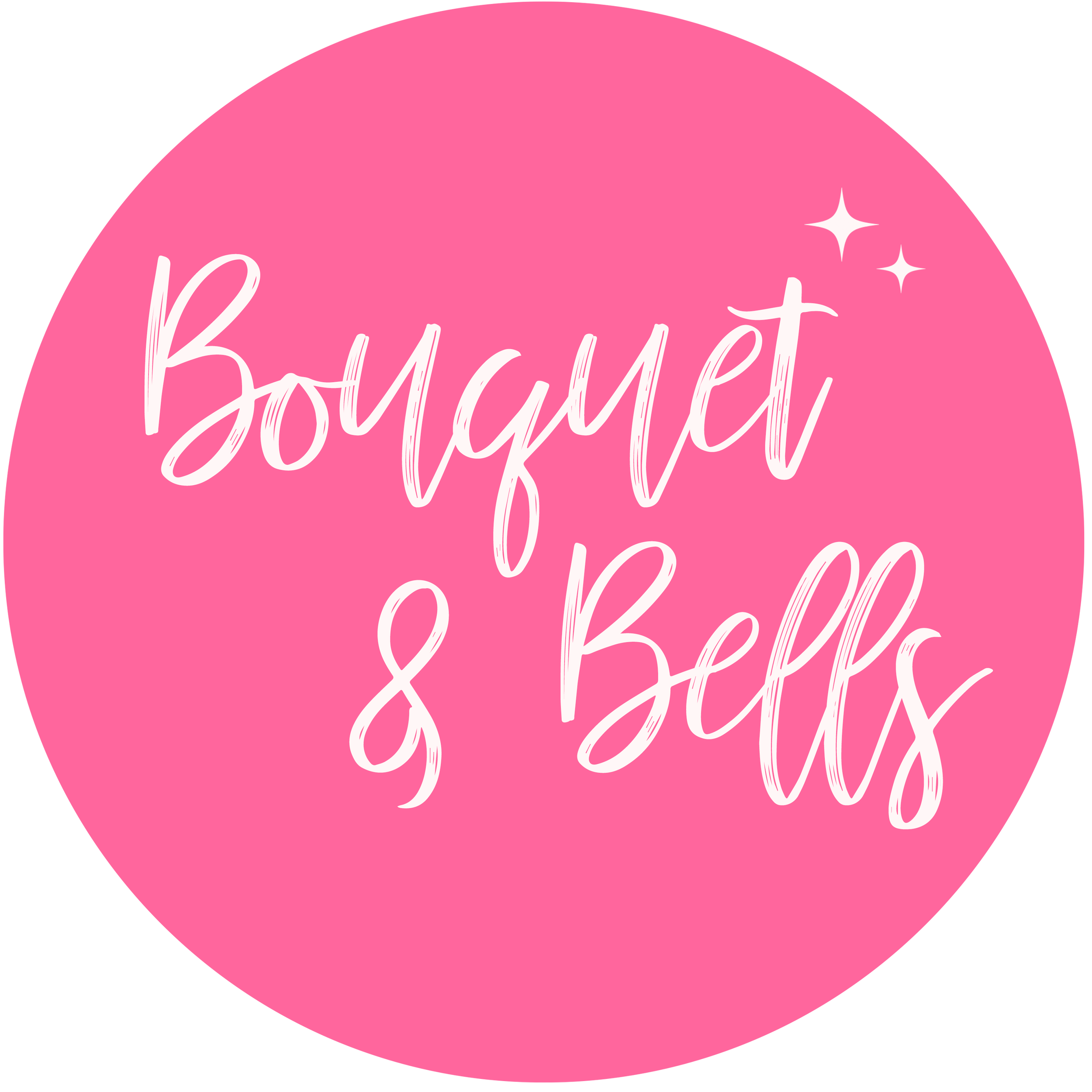 Pink circular logo with white cursive text reading "Bouquet & Bells" and two small white star accents.