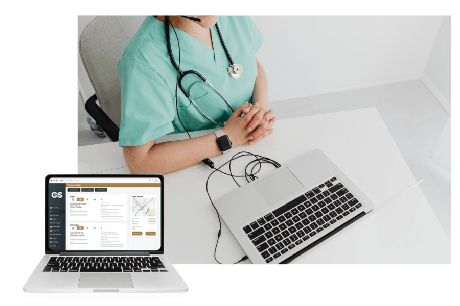 Healthcare professional using a laptop to place an order alongside The Glover Brand’s digital courier management dashboard, highlighting real-time tracking, scheduling, and technology-enabled medical logistics.