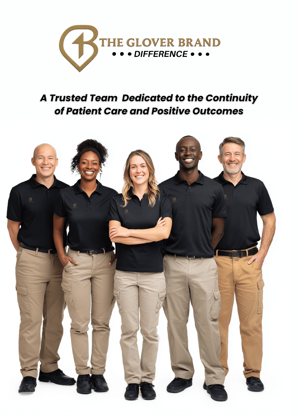 The Glover Brand medical courier team standing together in uniform, representing professionalism, reliability, and dedication to patient care and healthcare logistics excellence.