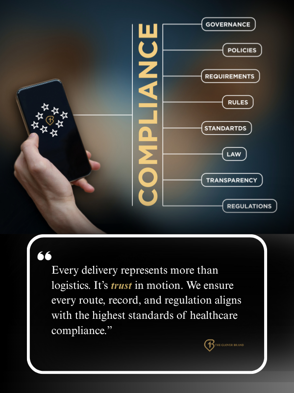 The Glover Brand commitment to compliance, with every  medical courier delivery representing trust in motion with the highest standard of healthcare compliance.