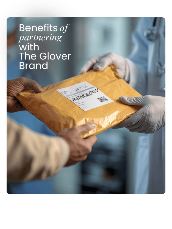 A healthcare professional gives a specimen package to a medical courier for STAT delivery.
