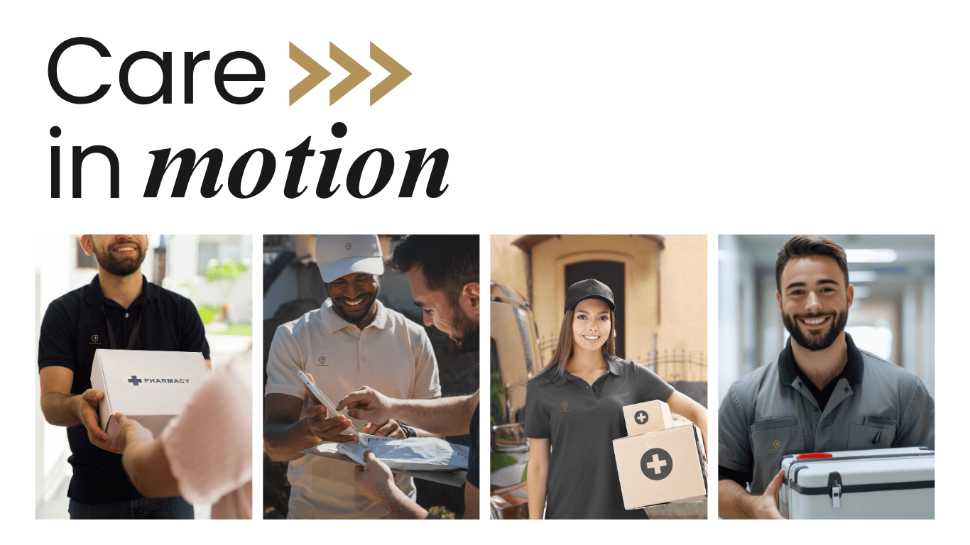 The Glover Brand medical couriers delivering packages with care and professionalism, representing reliable healthcare logistics and patient-centered delivery services.