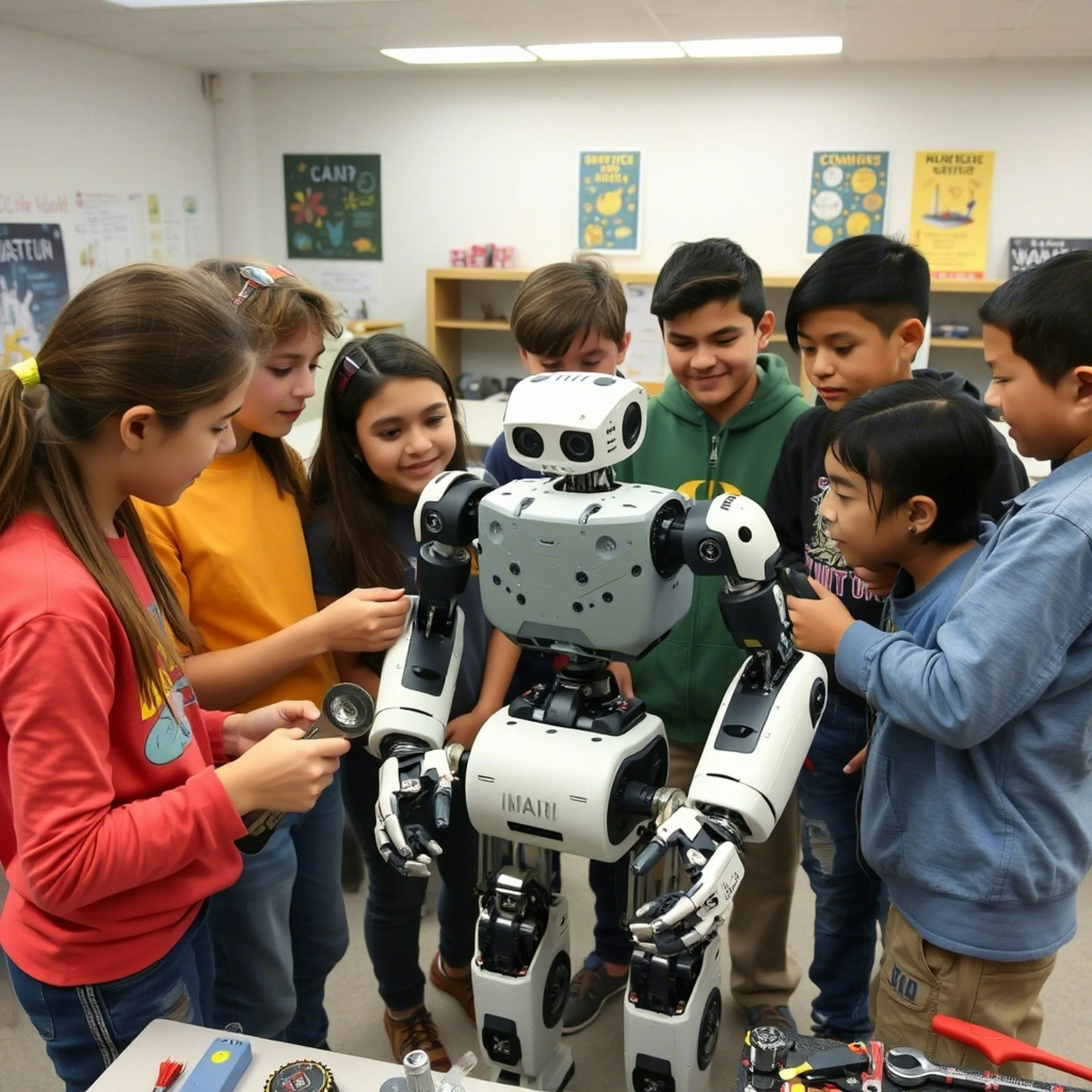 A group of children gathered around a humanoid robot in a classroom, looking at it with curiosity and interest.