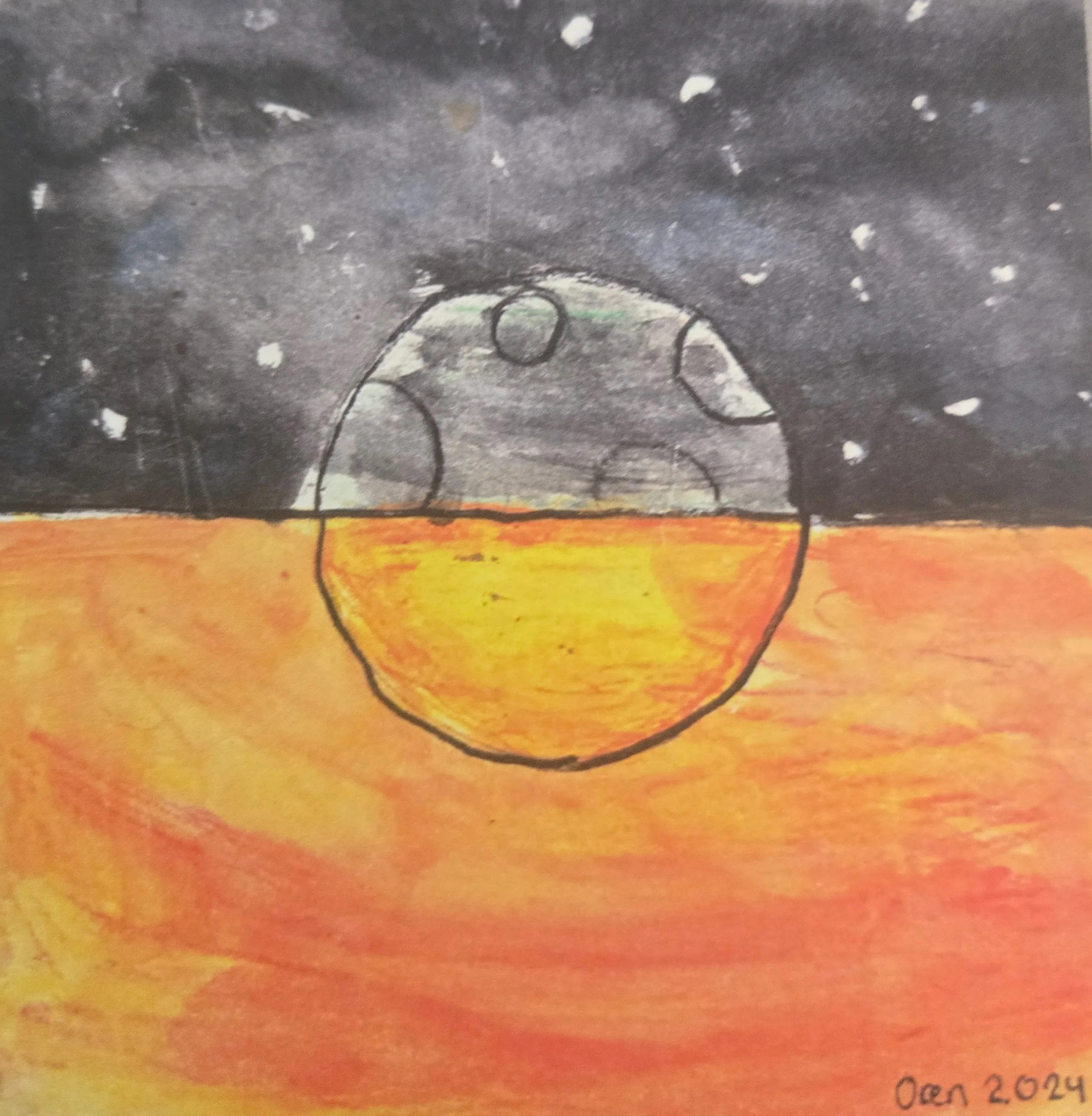 A drawing of a moon over a landscape divided into night and day, with the moon above the dark night sky and the landscape split into two colors: darkness on top and orange-yellow on the bottom, symbolizing sunset or sunrise.