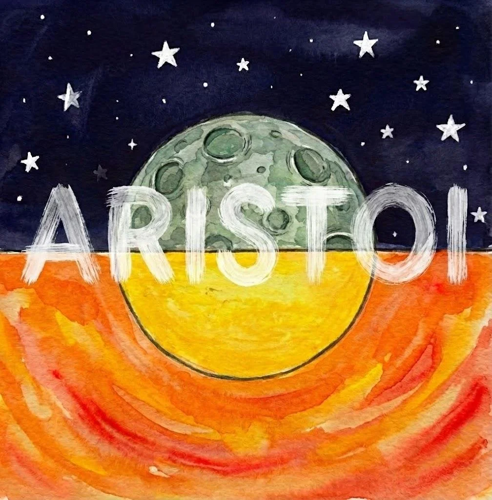 Watercolor painting of the moon with the word 'ARTISTOL' across it, set against a starry night sky over an orange, yellow, and red landscape.