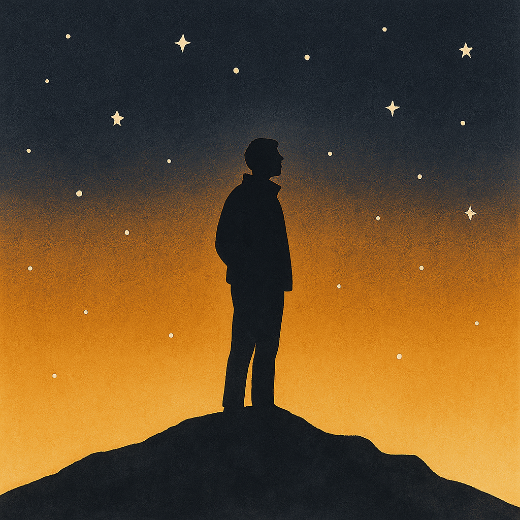 Silhouette of a man standing on a hilltop against a starry sky at dusk.