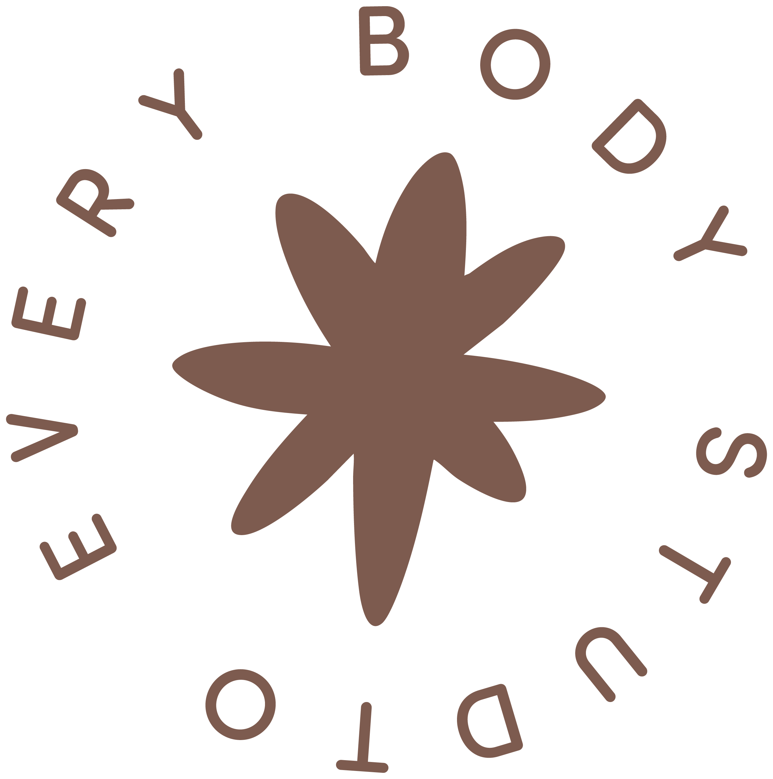 Brown marijuana leaf surrounded by the words "Every Body Needs To" in a circular pattern.