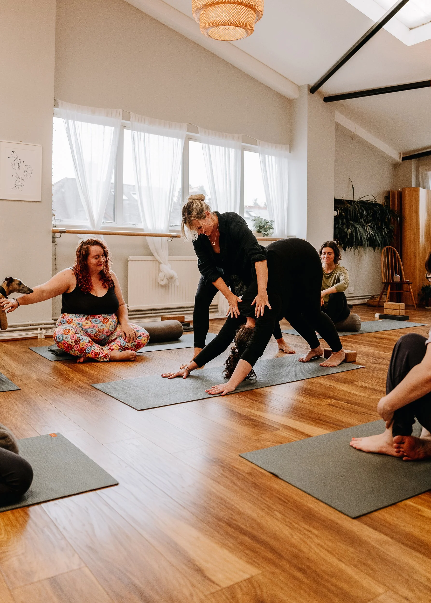 Women practicing yoga at Every Body Studio in Oxford in a room with wooden floors and large windows, some are doing downward dog poses, and a woman is assisting another in the pose.