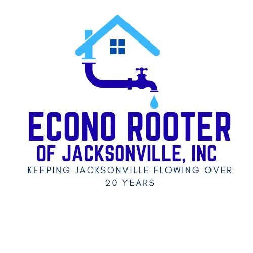 Logo for Econo Rooter of Jacksonville, Inc. featuring a house with a pipe and water droplet, and text emphasizing 20 years of service.
