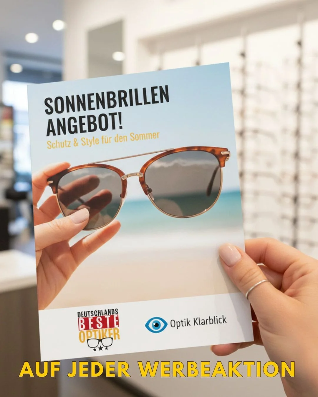 📣 N&auml;chster Tipp f&uuml;r maximale Sichtbarkeit: Nutzt den Award auf ALL euren Werbema&szlig;nahmen!

Egal, welche Aktionen ihr ohnehin im Jahr plant &ndash; euer Award geh&ouml;rt immer mit drauf.
Ob Sonnenbrillenflyer, Poster, Nachfassbrief, M