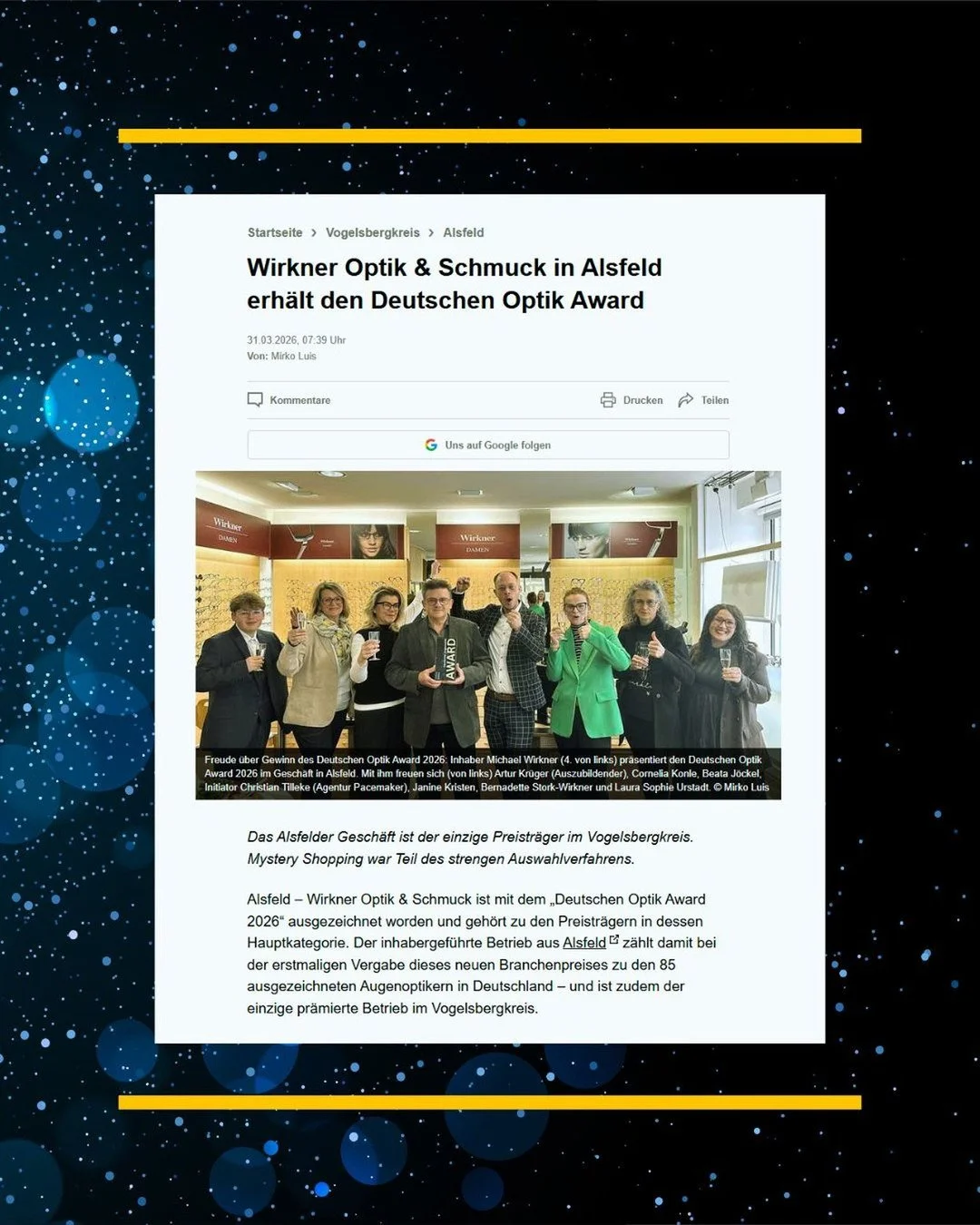 Optik Wirkner zeigt, wie es geht. 👏

Nicht nur ein verdienter Gewinner des Deutschen Optik Awards 2026 &ndash; sondern auch ein perfektes Beispiel daf&uuml;r, wie man Pressearbeit richtig nutzt.

Ein gro&szlig;er Artikel in der heutigen Ausgabe, sta