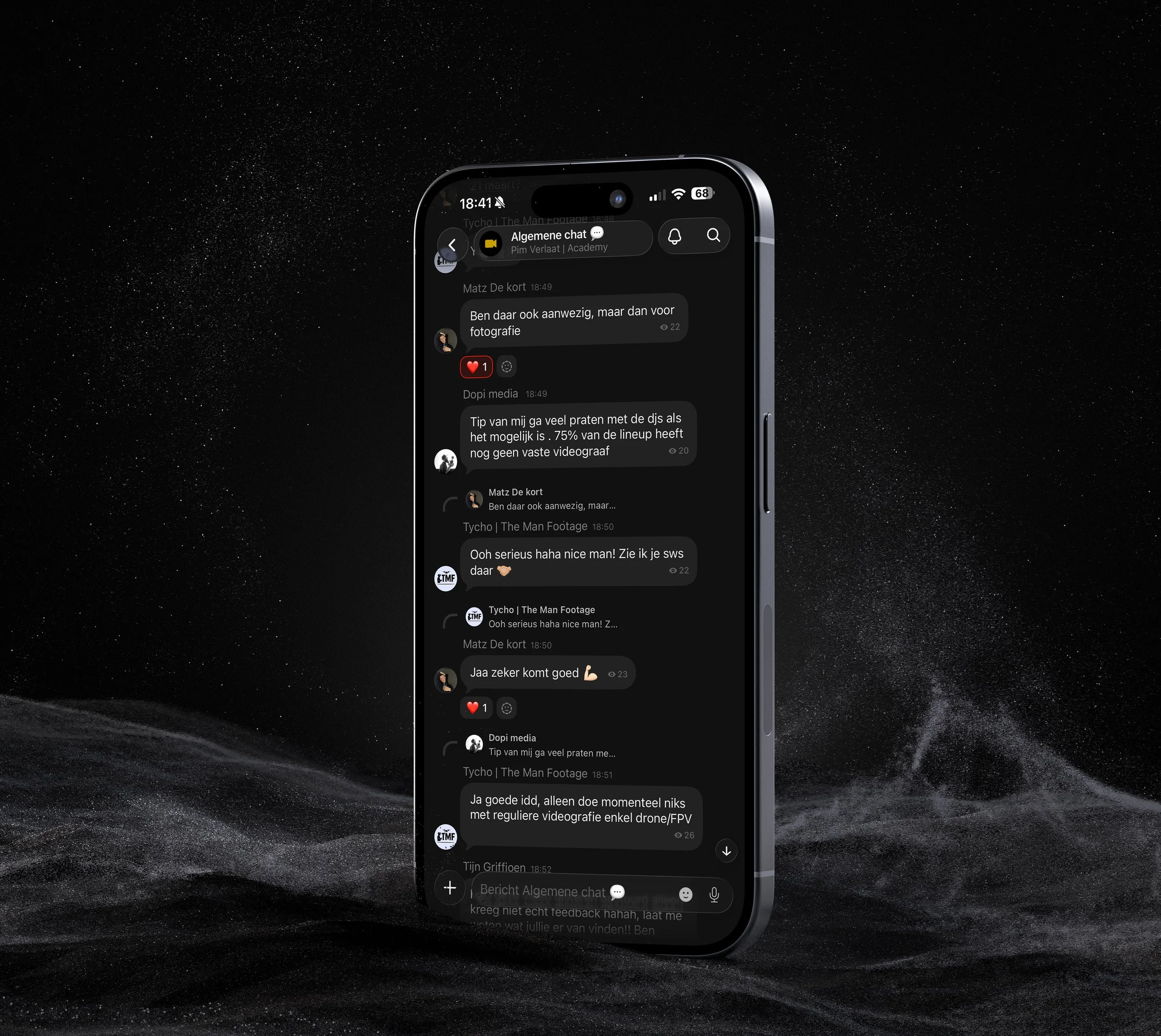 A smartphone displaying a chat conversation with messages in Dutch, placed against a dark, starry background.