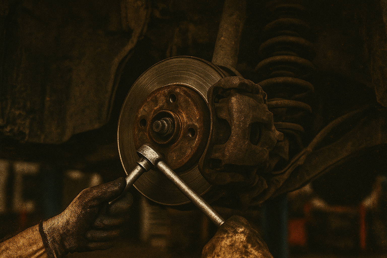 Close-up of a mechanic's hands repairing a rusty car brake disc with a wrench, in a dimly lit workshop.