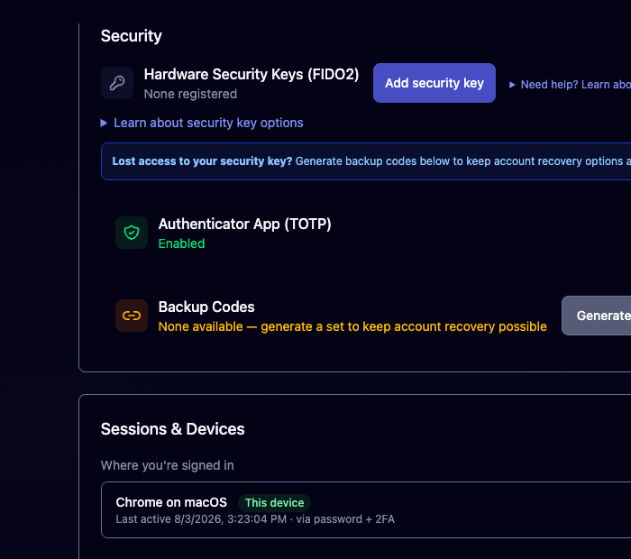 Security settings with hardware keys, two-factor auth and active sessions