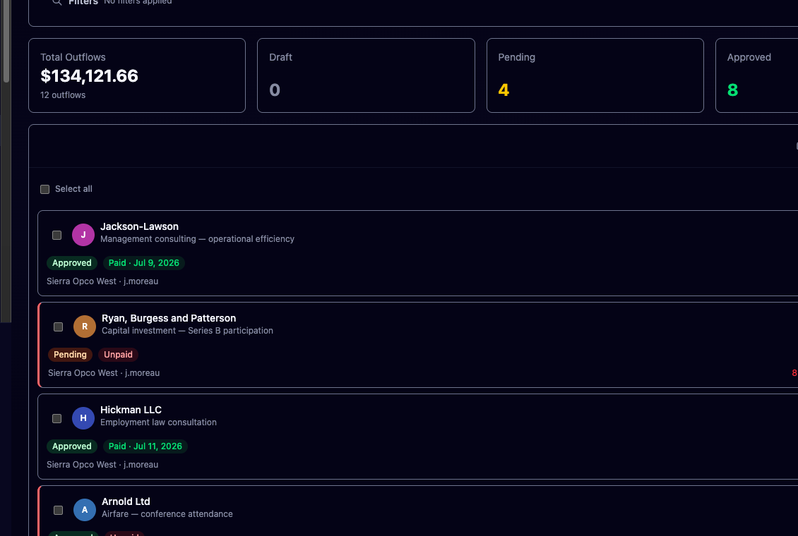 Outflows list with approval statuses and payment states