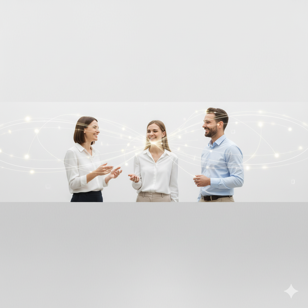 Three professionals engaging in conversation with digital light effects connecting them, symbolizing communication or networking.