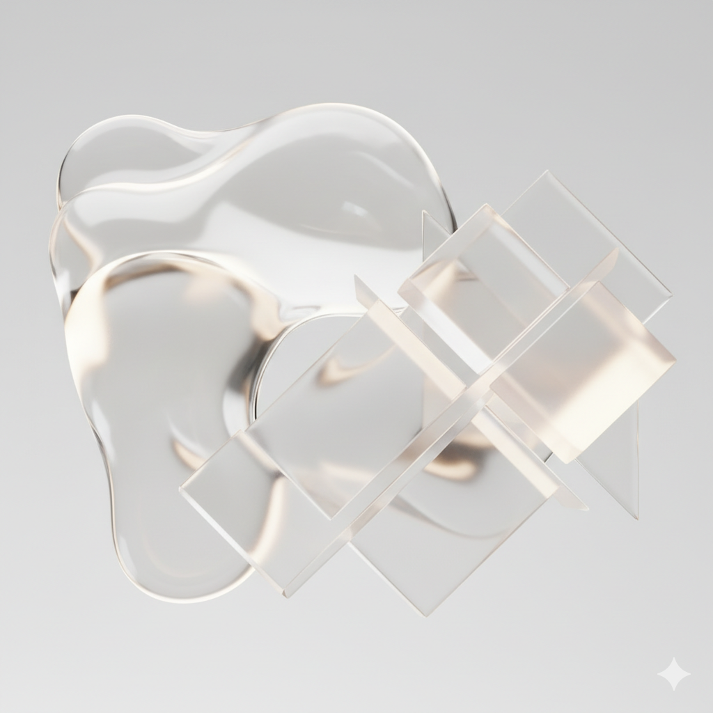 Abstract modern white and transparent glass sculpture with flowing shapes and geometric elements.