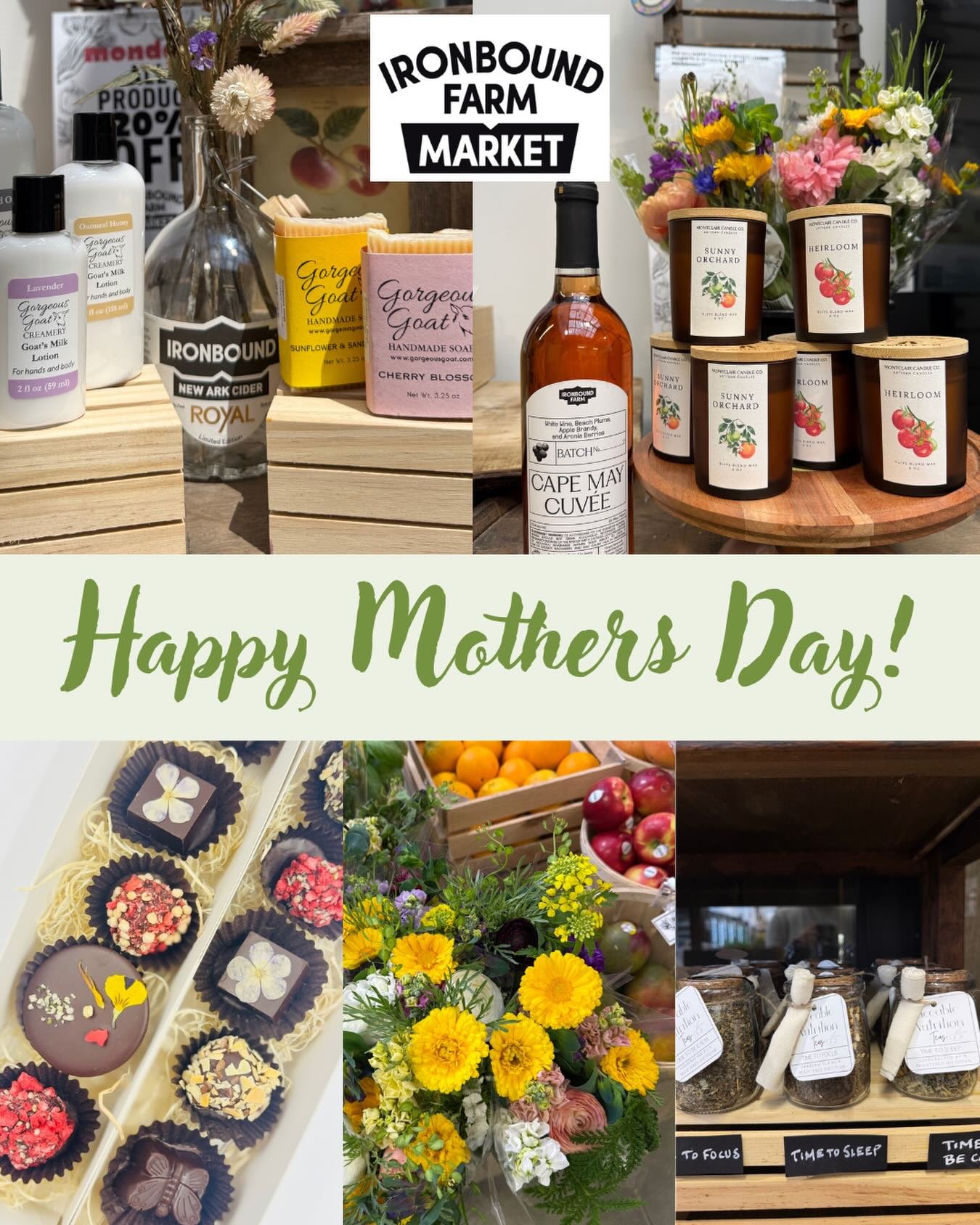 Happy Mother&rsquo;s Day from Ironbound Farm Market! 🌱&hearts;️ What your mom really wants this year are some locally made products!

🎁 Ironbound Farm Market gift cards 
🍫 Box of chocolates and truffles- @soniashnyk.shop 
🕯️ Fresh summer scented 