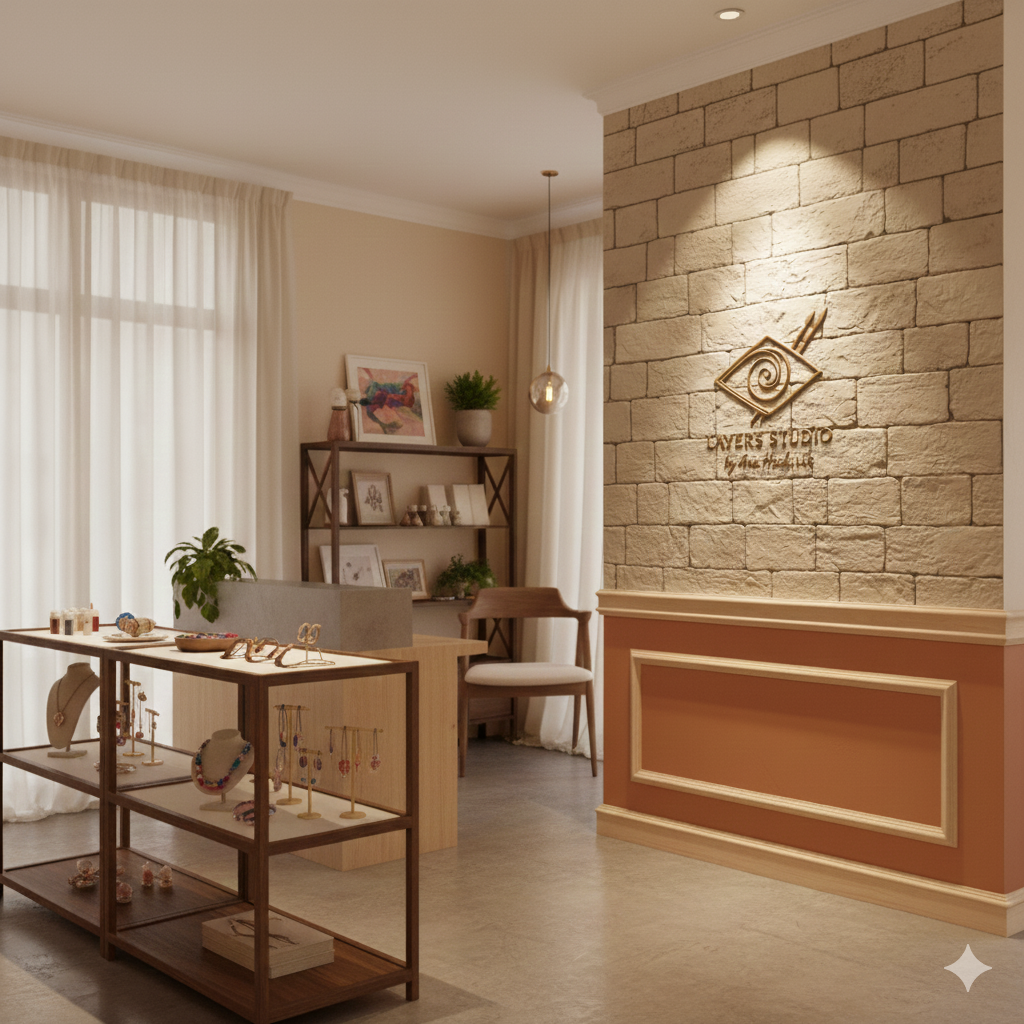Interior of a jewelry boutique or studio with jewelry displays, a brick wall with a gold logo reading "Dover's Studio," and decorative shelving with artwork and plants.