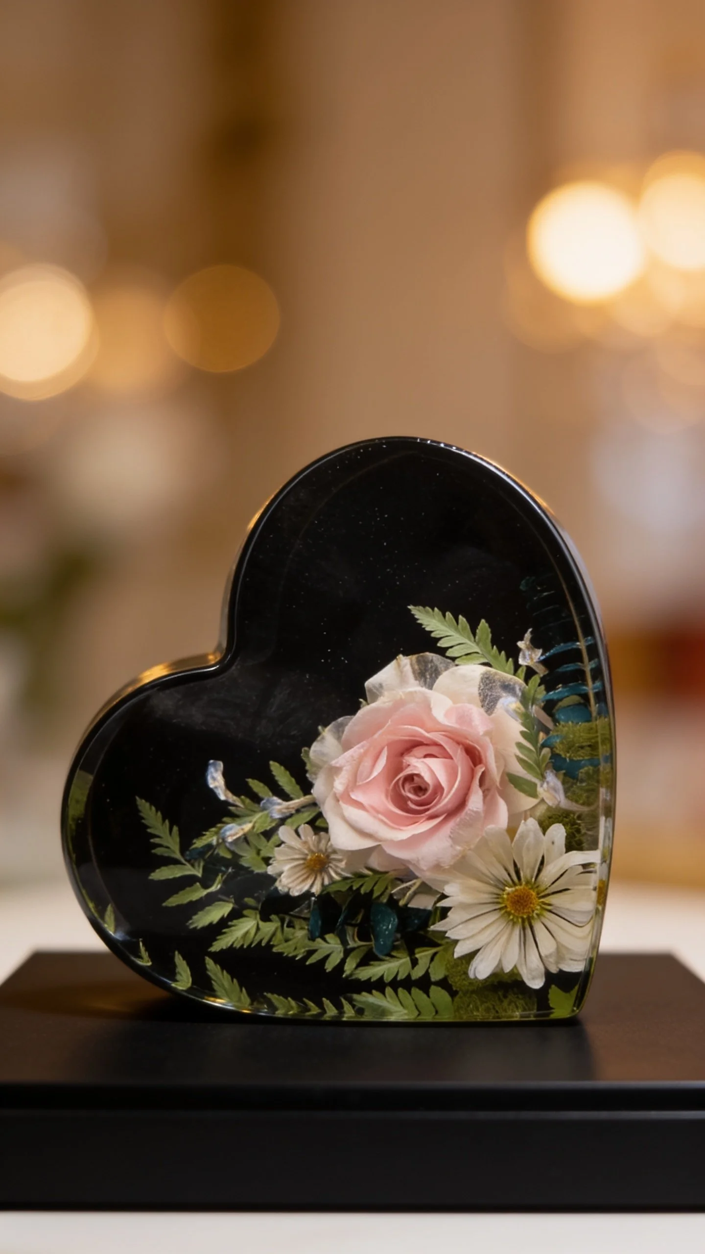 Clear resin heart-shaped flower arrangement with pink roses, daisies, and greenery inside. Blurred background with warm lighting.