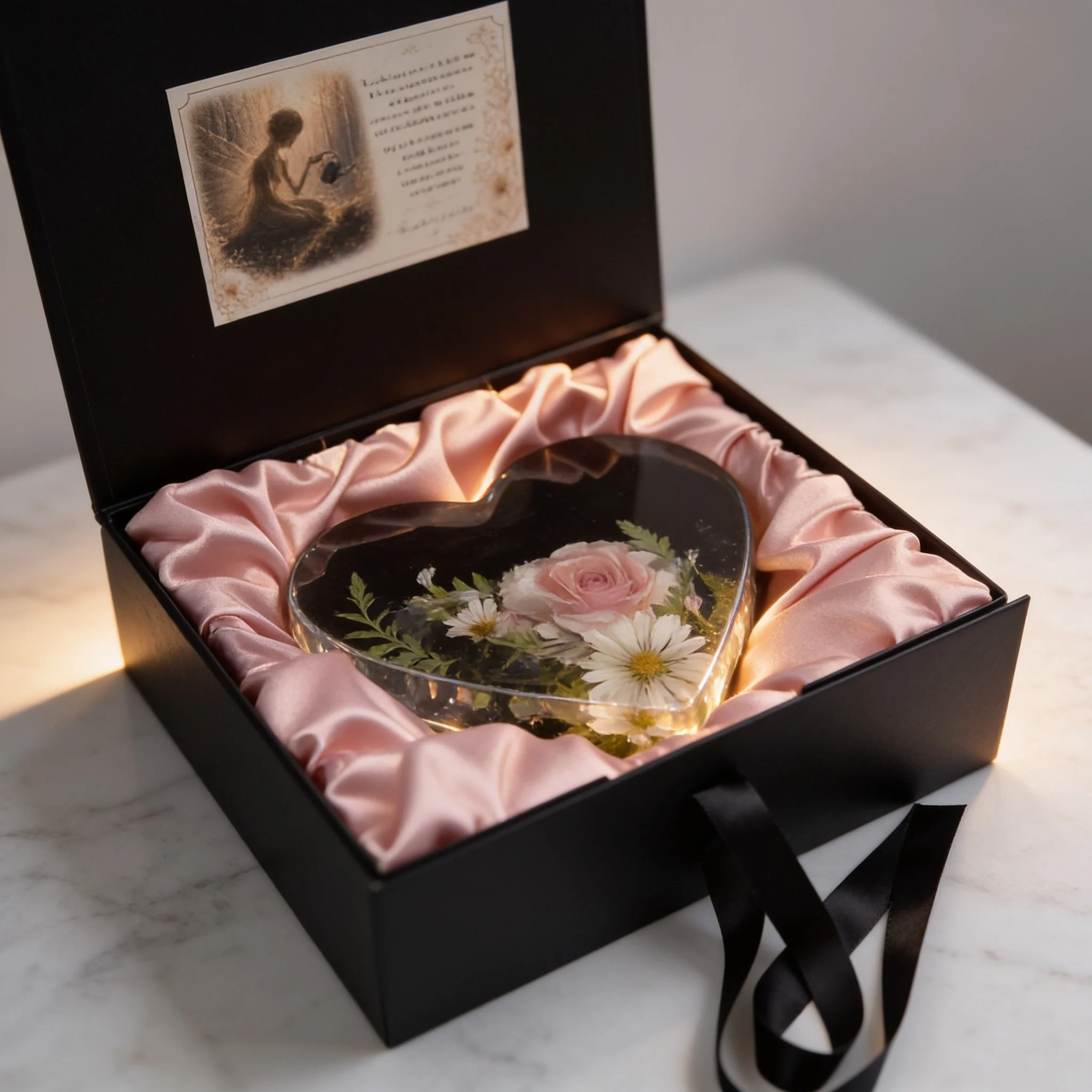 Open black box with a pink satin lining, containing a clear resin heart with flowers and leaves, and a card with vintage-style illustration of a angel gardener holding a water can.