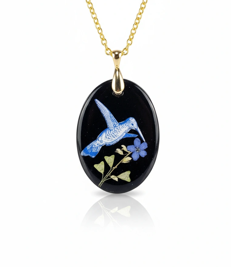 Blue Hummingbird  Oval Pendant