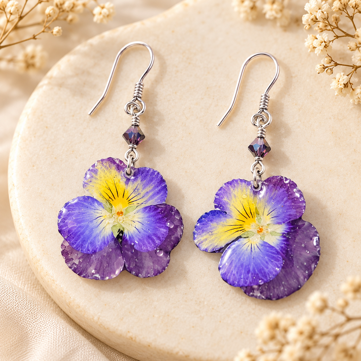 Pressed Pansy Resin Earrings on Ivory Stone.png