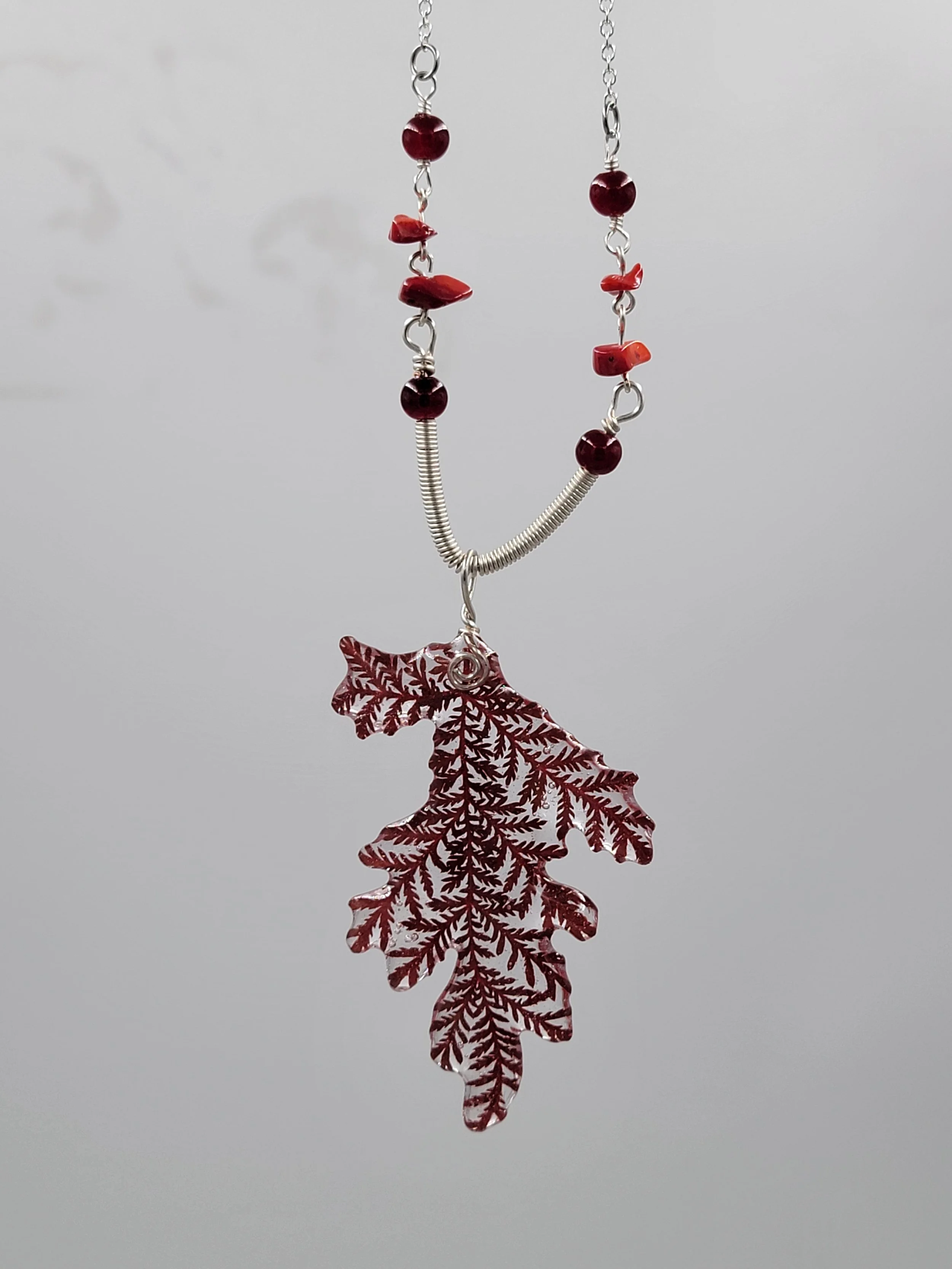 Red Fern Leaf Resin Necklace