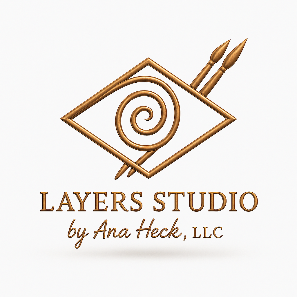 Logo for Layers Studio by Ana Heck, LLC featuring paintbrushes and a spiral design in gold color.