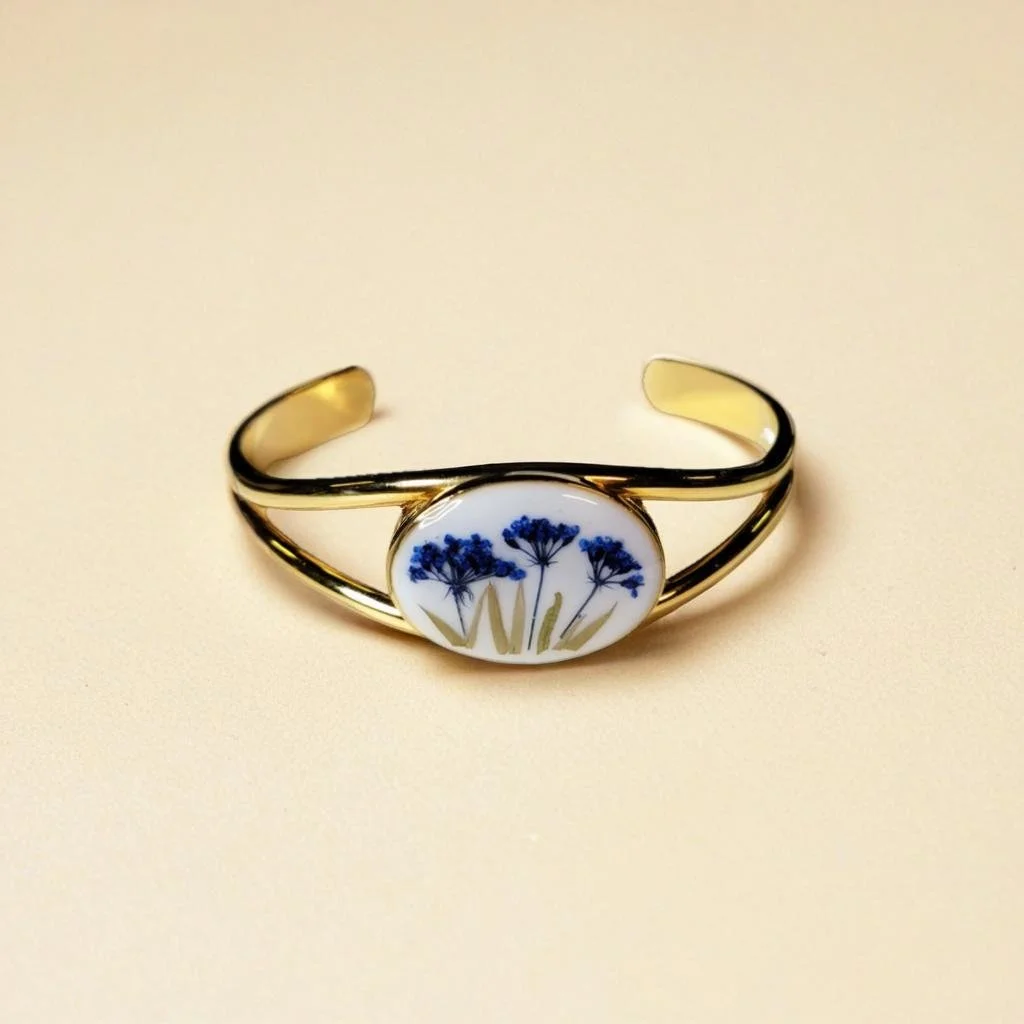 Gold Cuff Bracelet with Real Blue Flowers