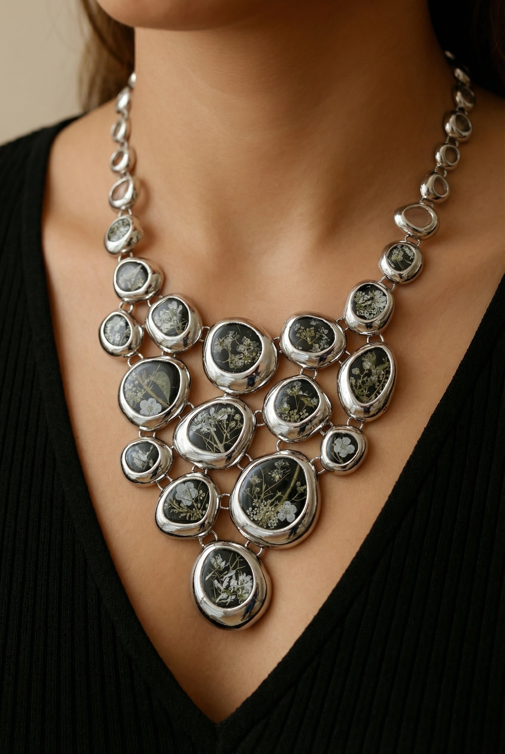 Botanical Statement Necklace — Silver Cascade With Preserved Flowers