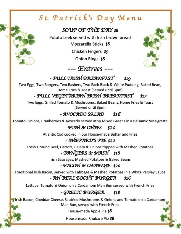 St. Pat's Menu