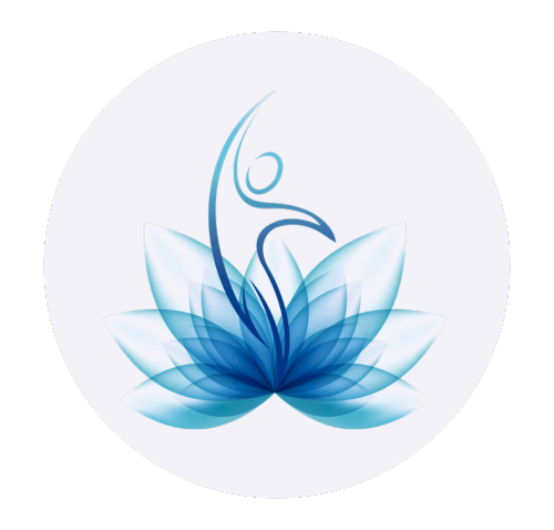 Abstract logo of a person sitting in a lotus position inside blue, petal-like shapes, resembling a lotus flower.