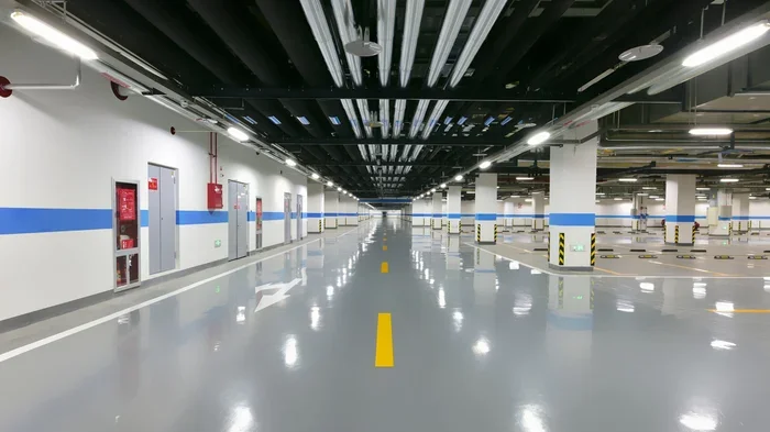 Empty, well-lit underground parking garage with white walls, blue stripe, yellow parking spots, and ceiling pipes.