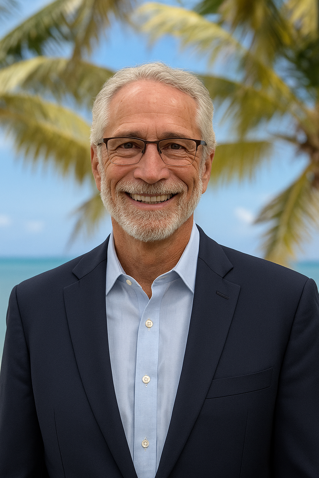 Smiling older man with gray hair and beard wearing glasses and a navy blue suit jacket over a light blue shirt, standing outdoors with palm trees and the ocean in the background.