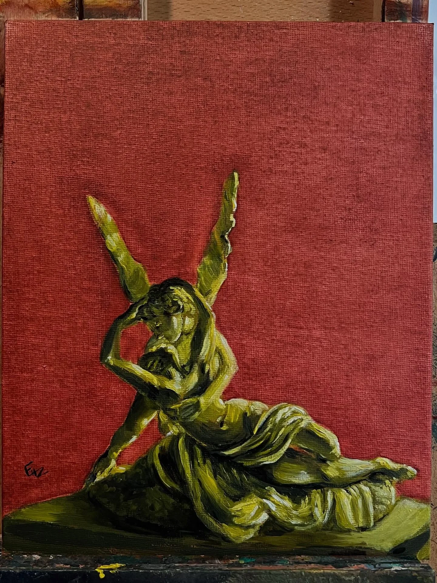 &ldquo;Psyche and Eros&rdquo; oil on 8x10 board. 
🎨
I am really getting into limited pallets. Here I used Alzarin Crimson for the background but Psyche and Eros are just titanium white, cadmium yellow and midnight black (Bob Ross). 
🎨
#oilpainting 