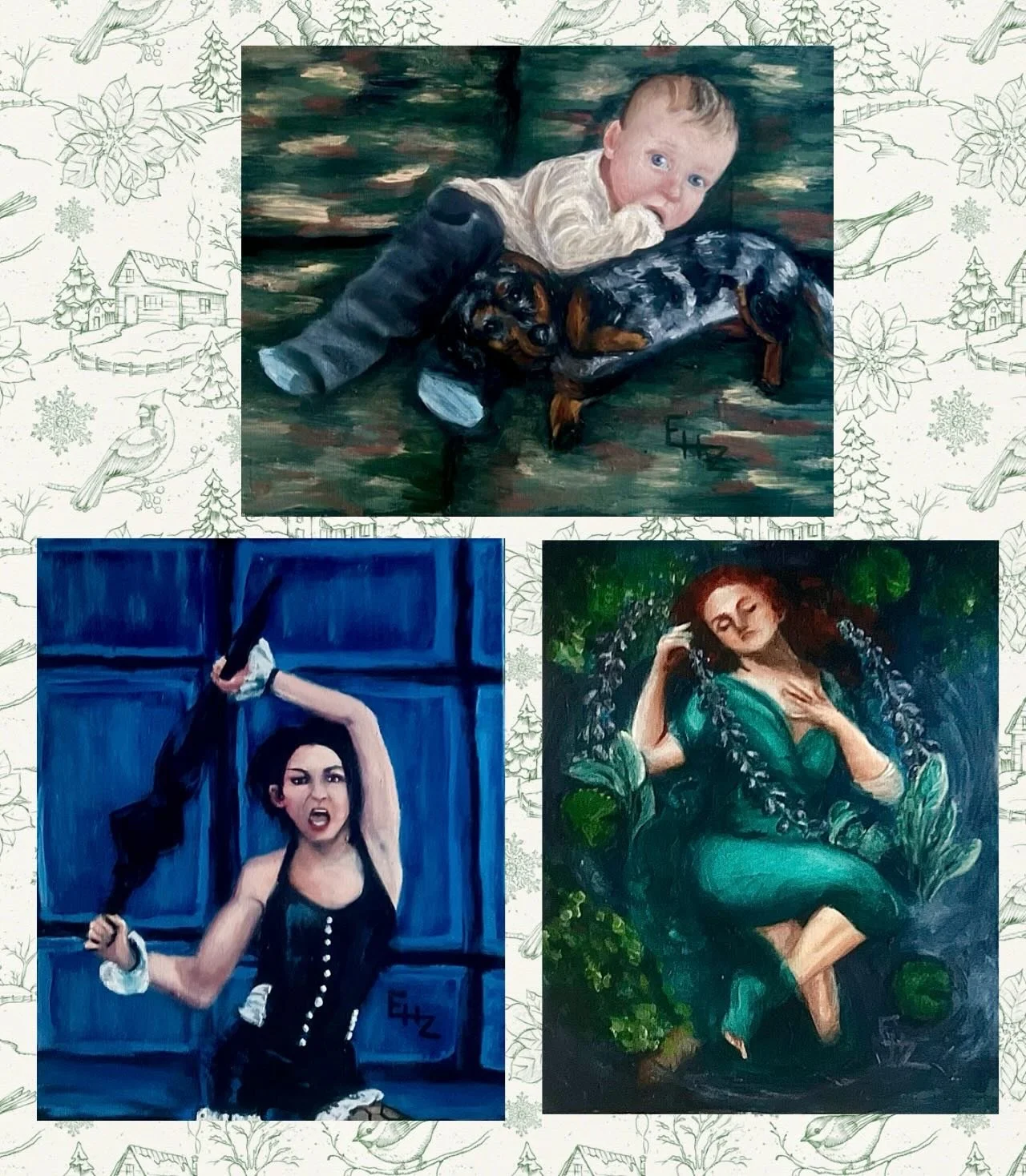 My 2025 Holiday paintings! 
Do you make gifts for friends and family for the holiday? 
These are all at their homes already so I can share them. All are oil on 8x10 panel! 
At the top - &ldquo;Roland and Gator&rdquo;, a painting of my little boy when