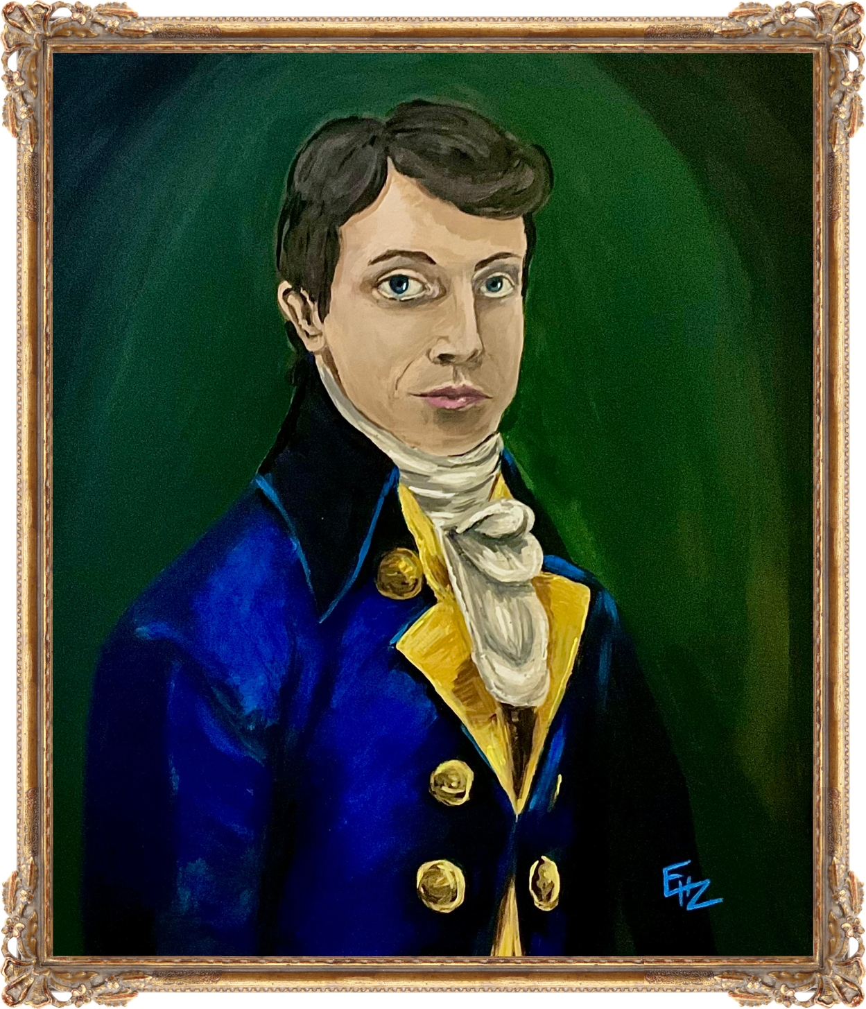 The final perfect painting. I used a few tricks to get the painting to still read well under a bright spot light. 