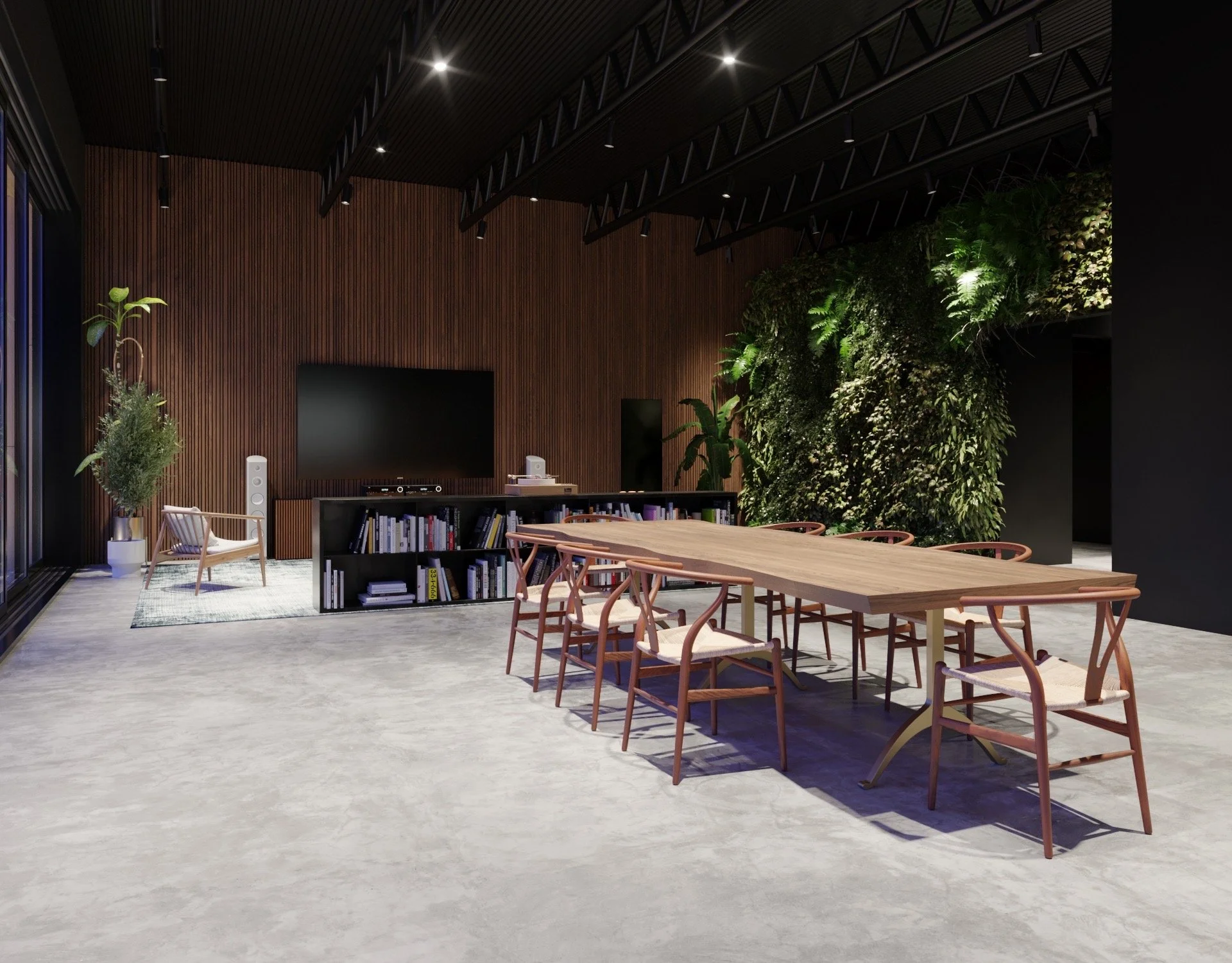 Modern living room with wooden wall, green vertical garden, large wooden table with chairs, black bookshelf with books, TV, speakers, plants, and a sitting area with a chair and plant near the window.
