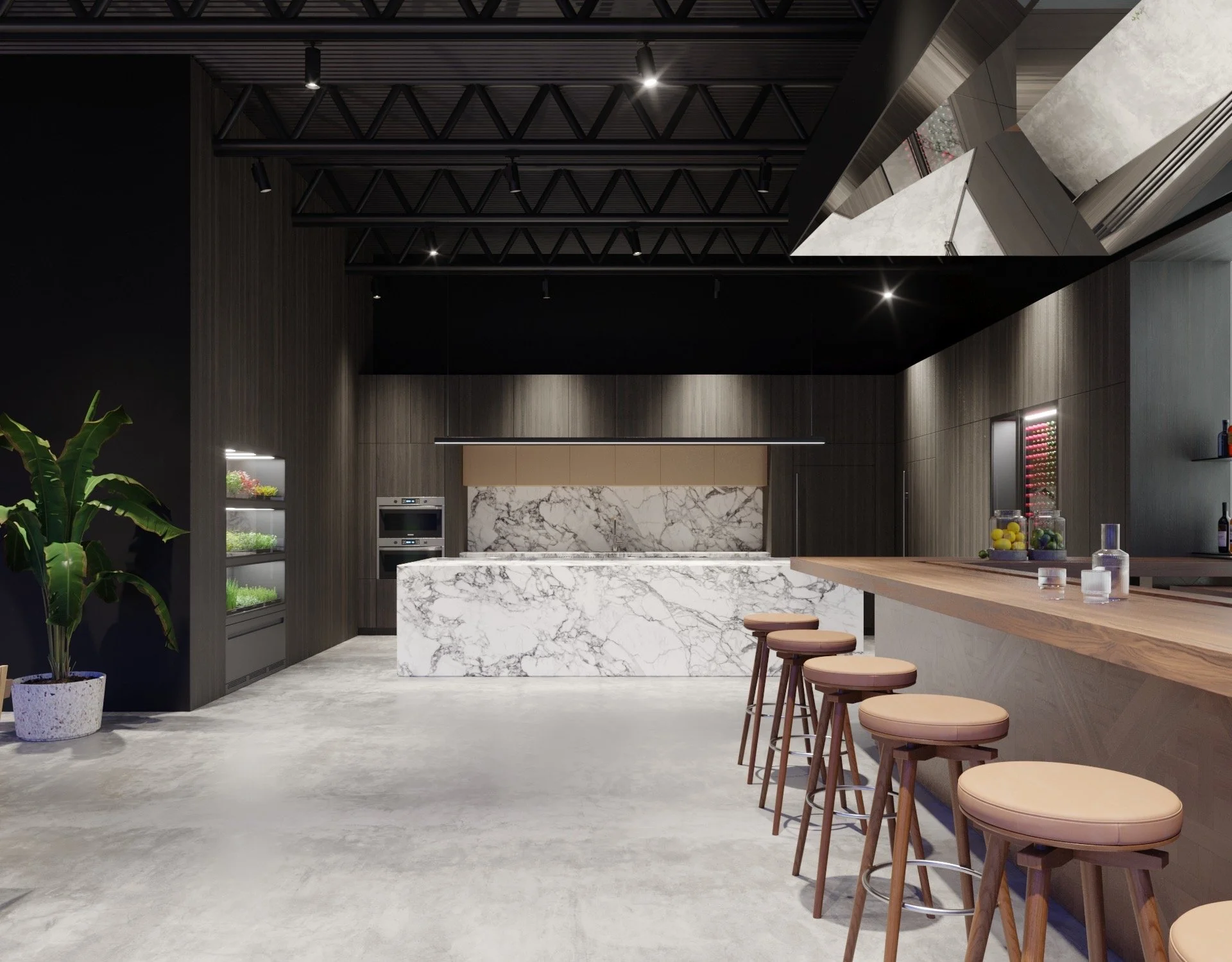 Modern bar area with a marble counter and stools, dark wood walls, and a ceiling with exposed black beams, decorated with plants and bottles.