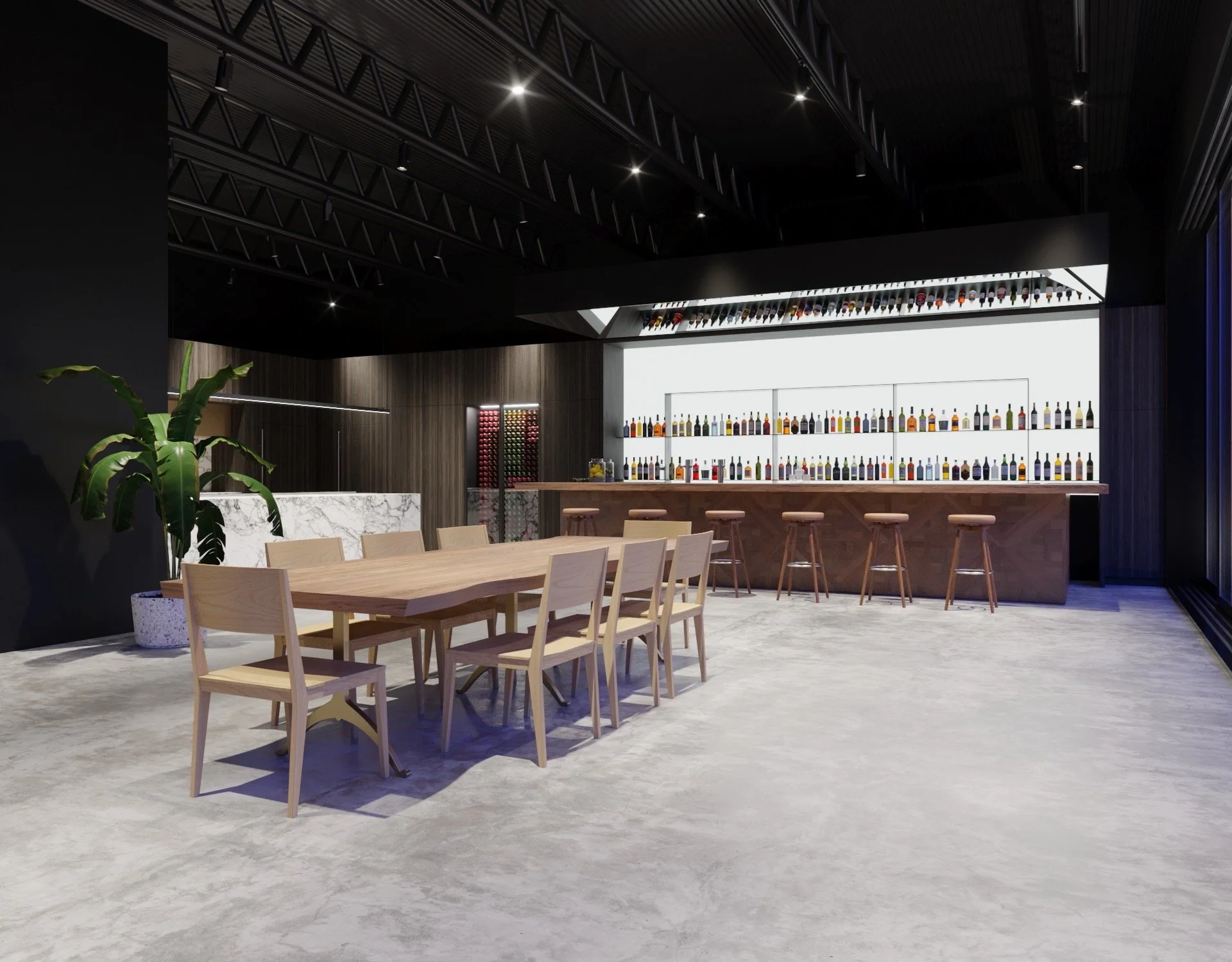 Modern bar and dining area with a wooden table and chairs, large potted plant, marble countertop, wine bottles on shelves, and a minimalist design.