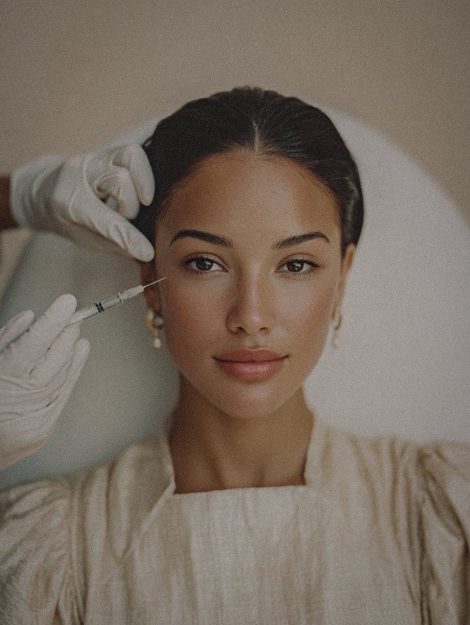 Woman with glowing skin as a gloved provider holds a syringe near her temple