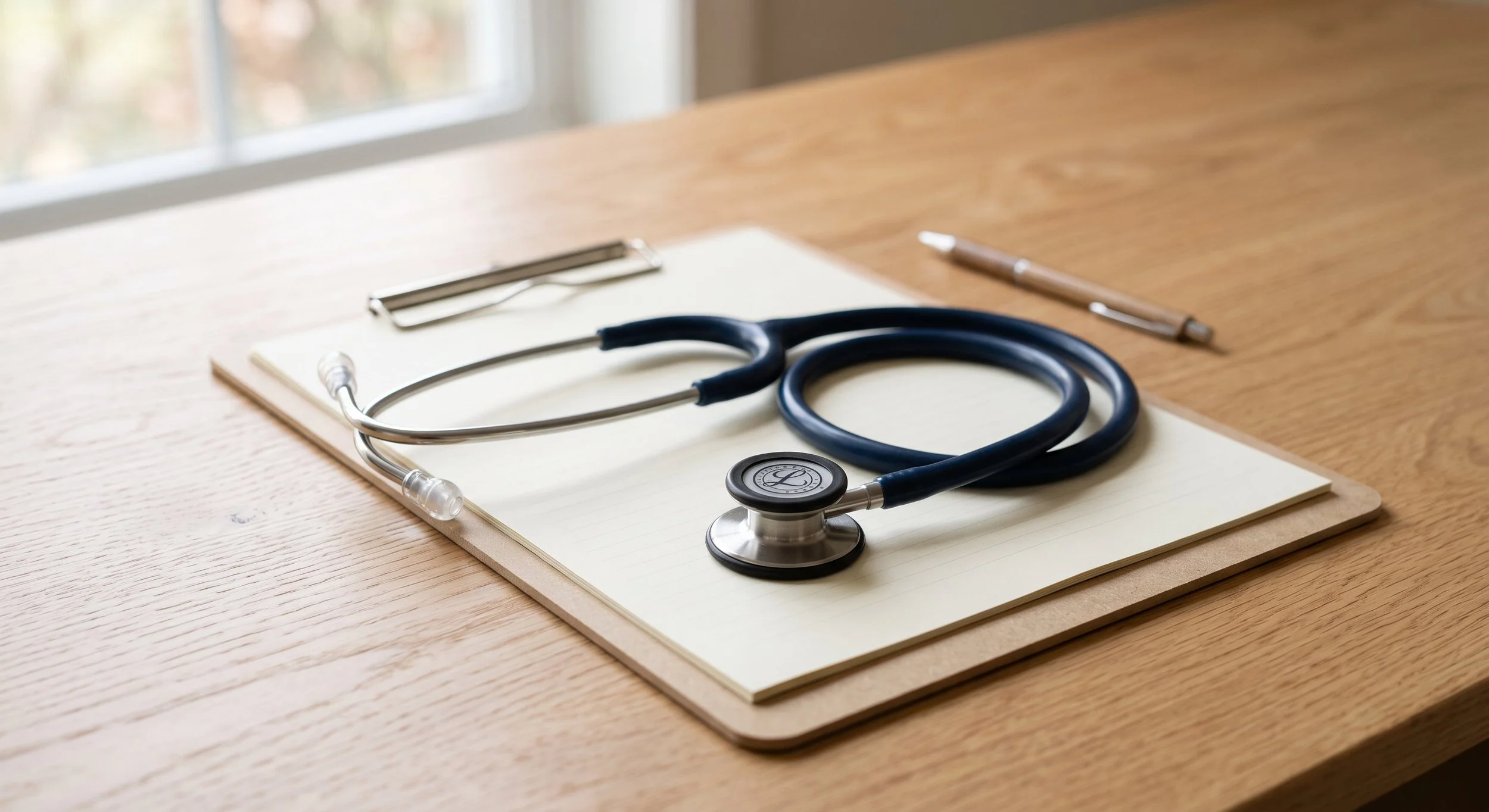 A stethoscope on a clipboard, a metaphor for physician-led, medically supervised aesthetic care.