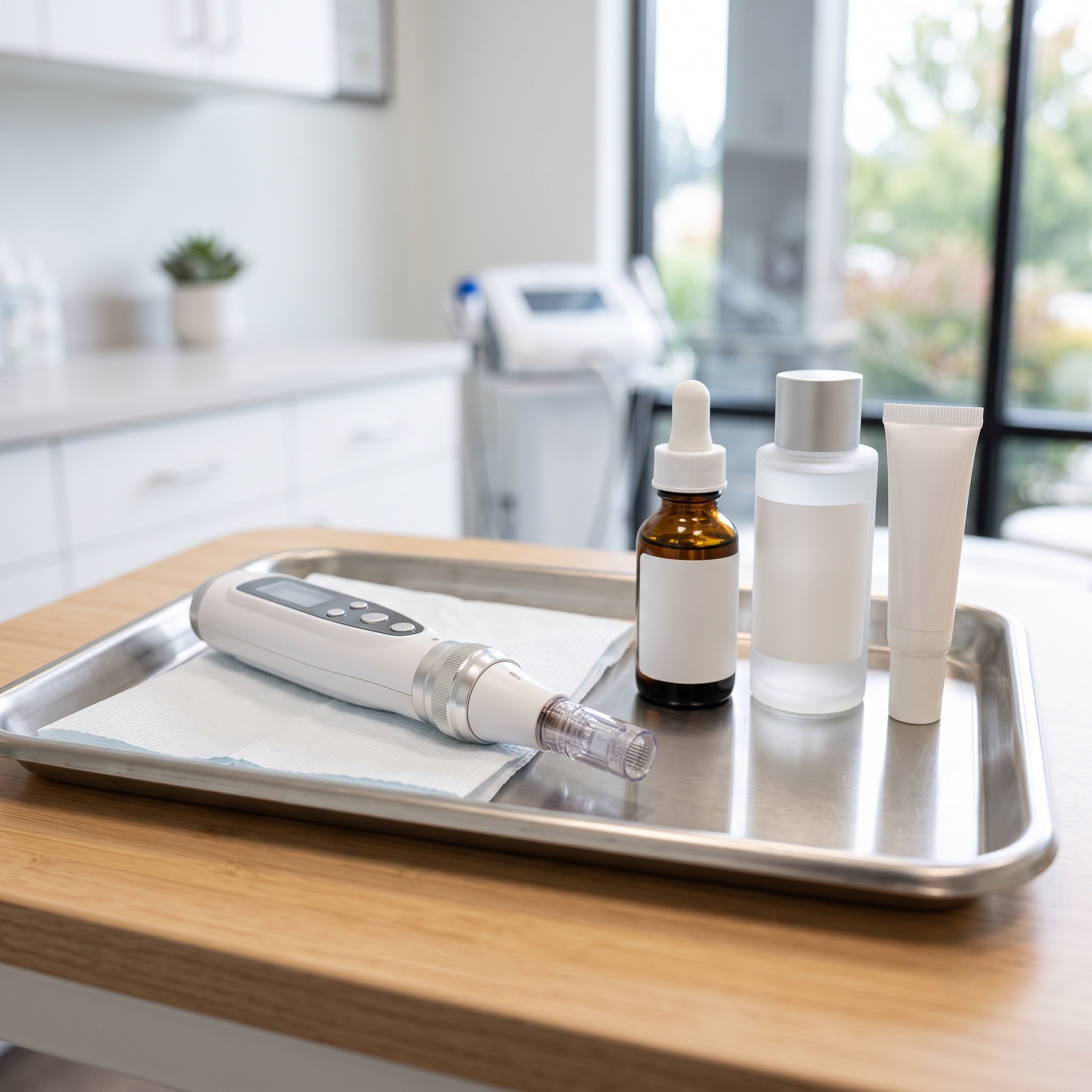 A microneedling pen and skincare products on a clinic tray, a professional acne-treatment setup.