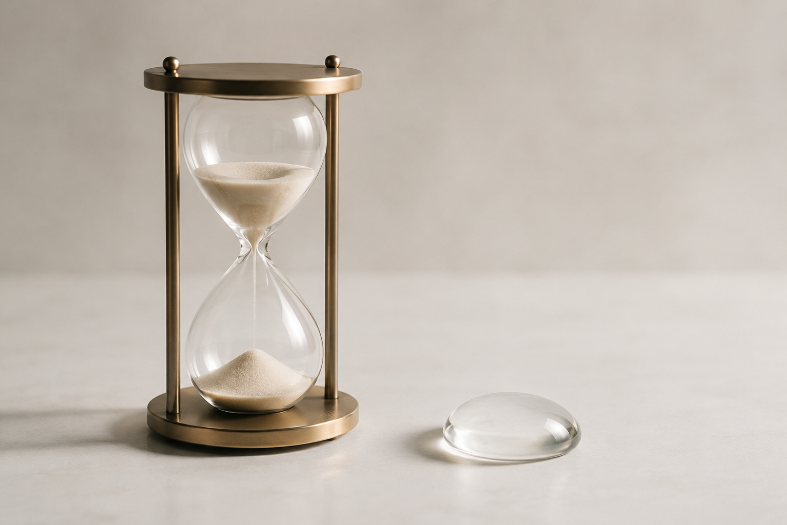An hourglass beside a clear gel droplet on a clean surface, illustrating how long dermal fillers last over time.