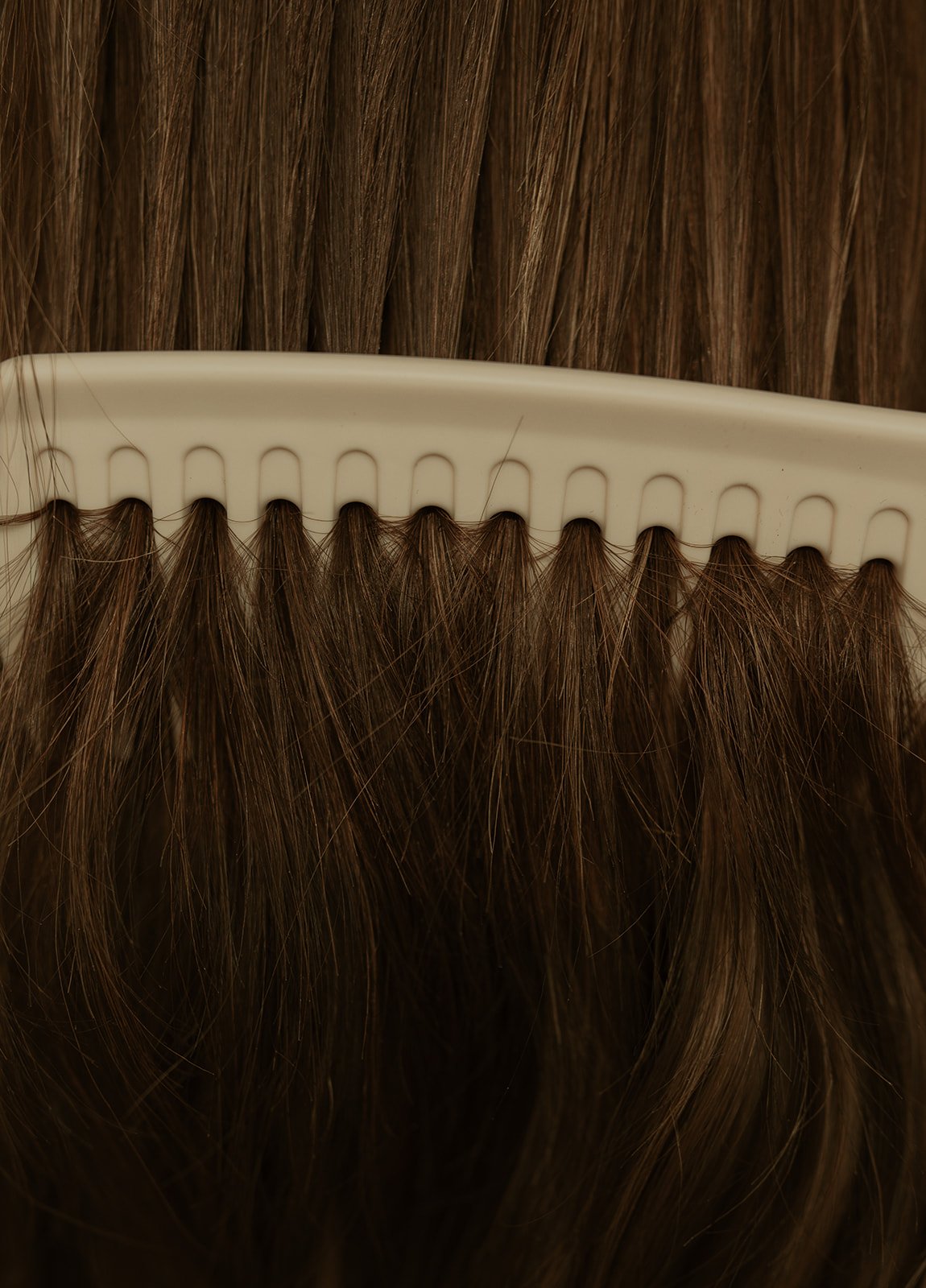 A close-up of a hairbrush holding brown hair strands.
