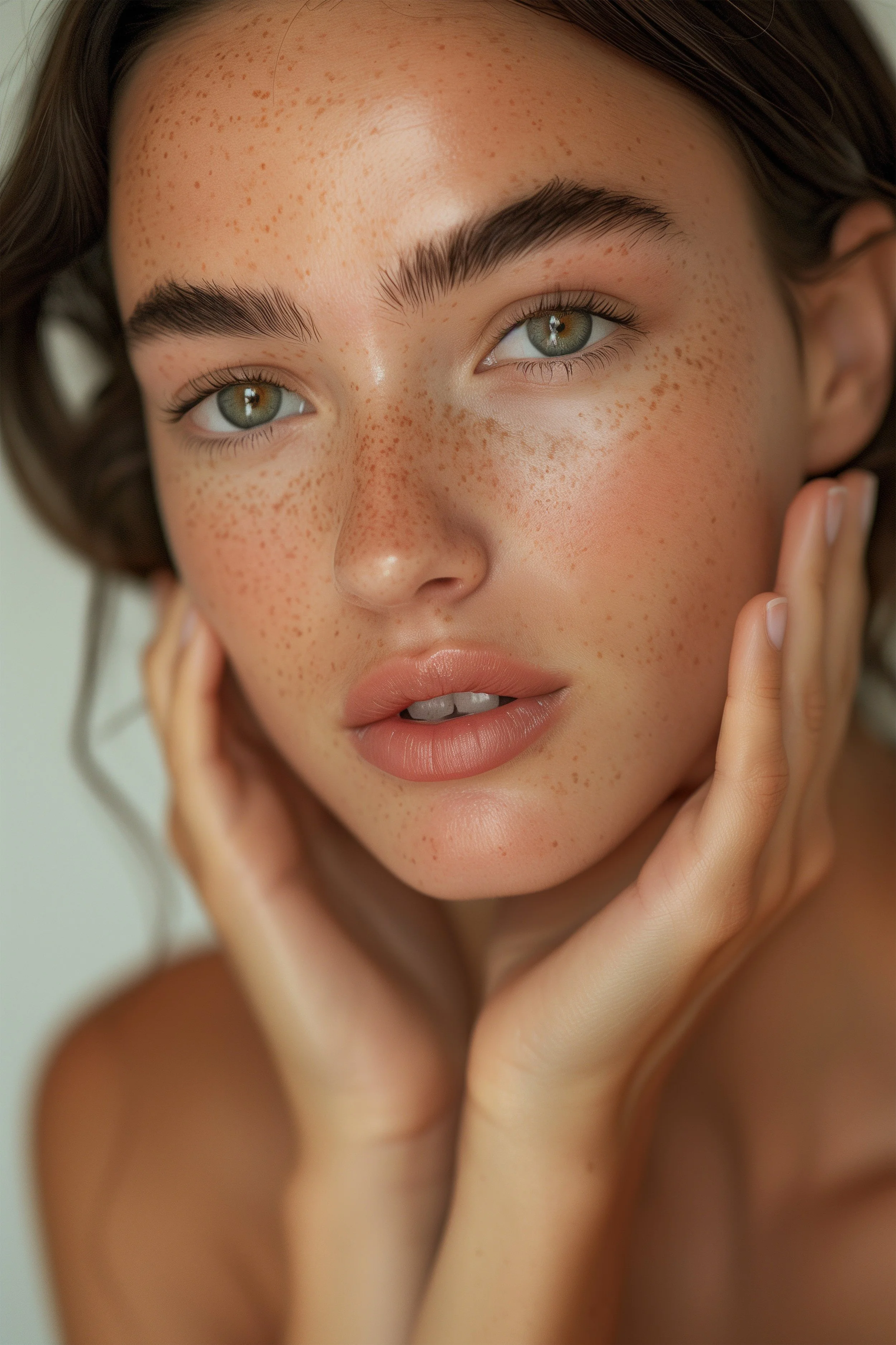 Close-up of a young woman with freckles and green eyes, gently touching her face with both hands.