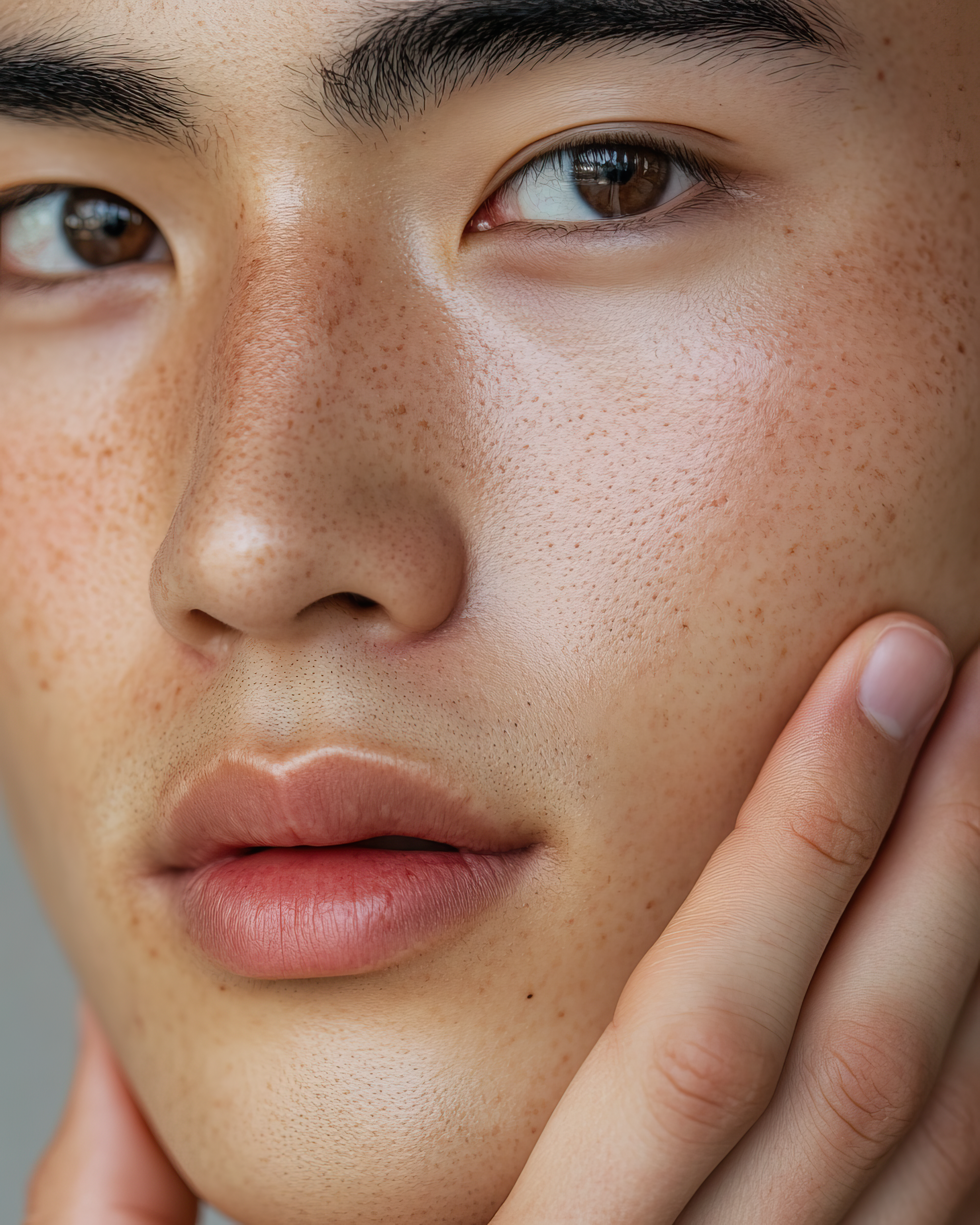 Close-up of a person's face showing detailed skin texture and features.