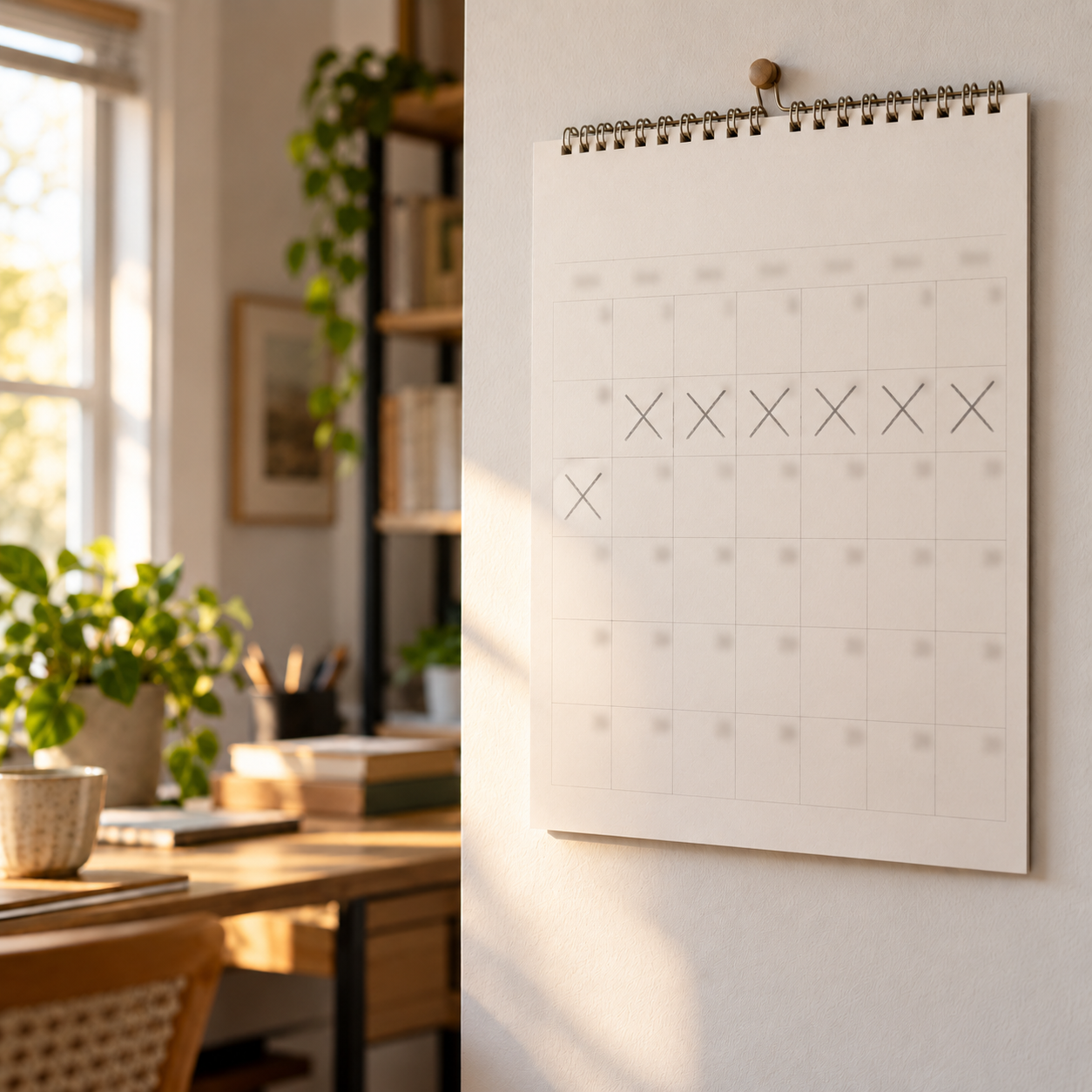 A wall calendar with several days marked off in sequence, a metaphor for committing to a multi-session Sculptra course.